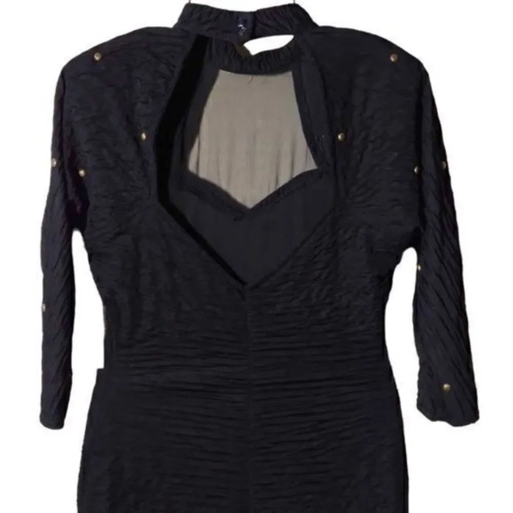 Absolutely! 80s Black Bodycon Mini Dress with Brass Stud Detailing and Choker Ne